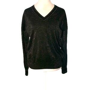 Equipment Womens XS Black Metallic Silver Fleck Silk Wool Lucinda V-Neck Sweater